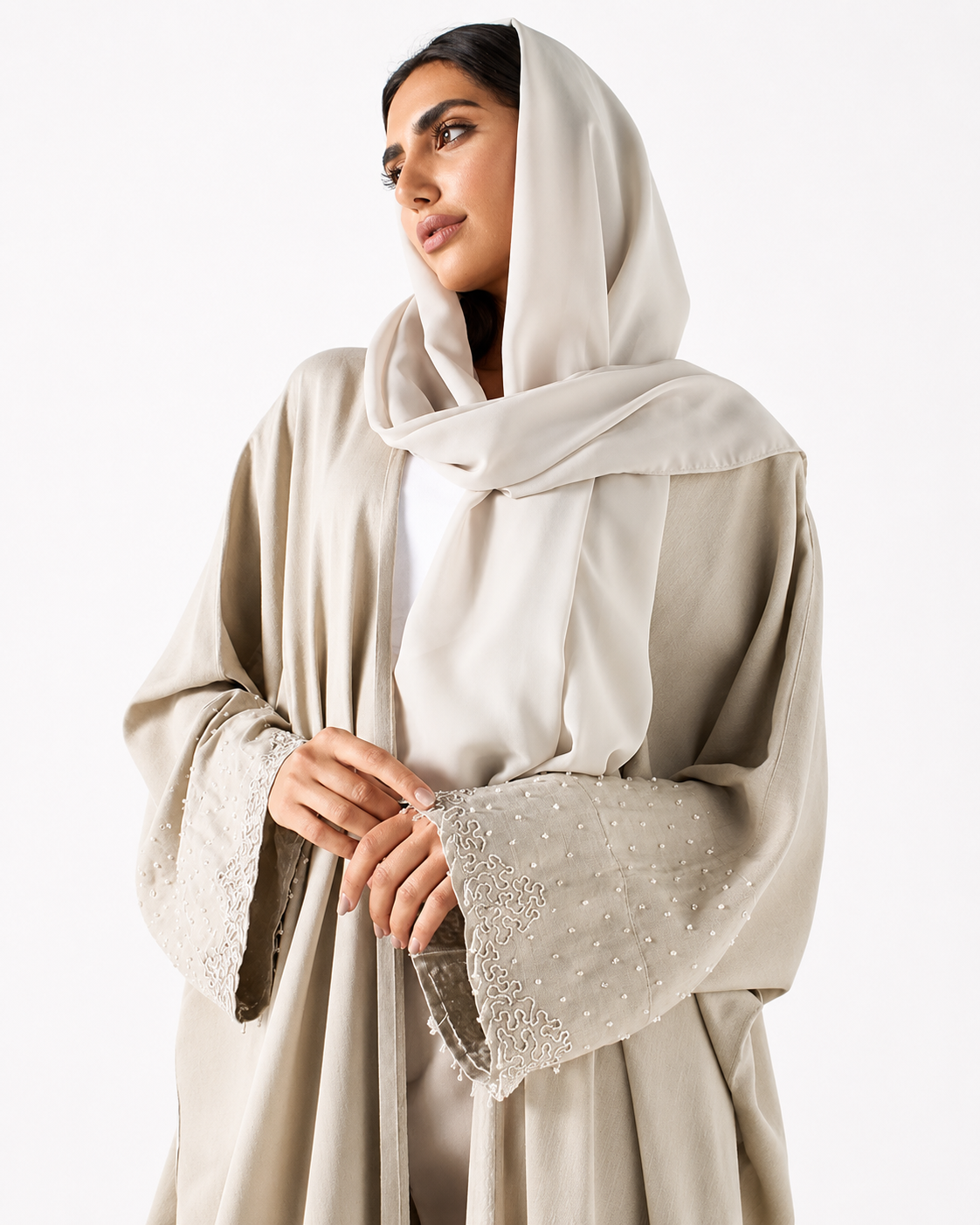 Pearl-Embellished Bisht Abaya – Beige – Detail View – Shop Azria