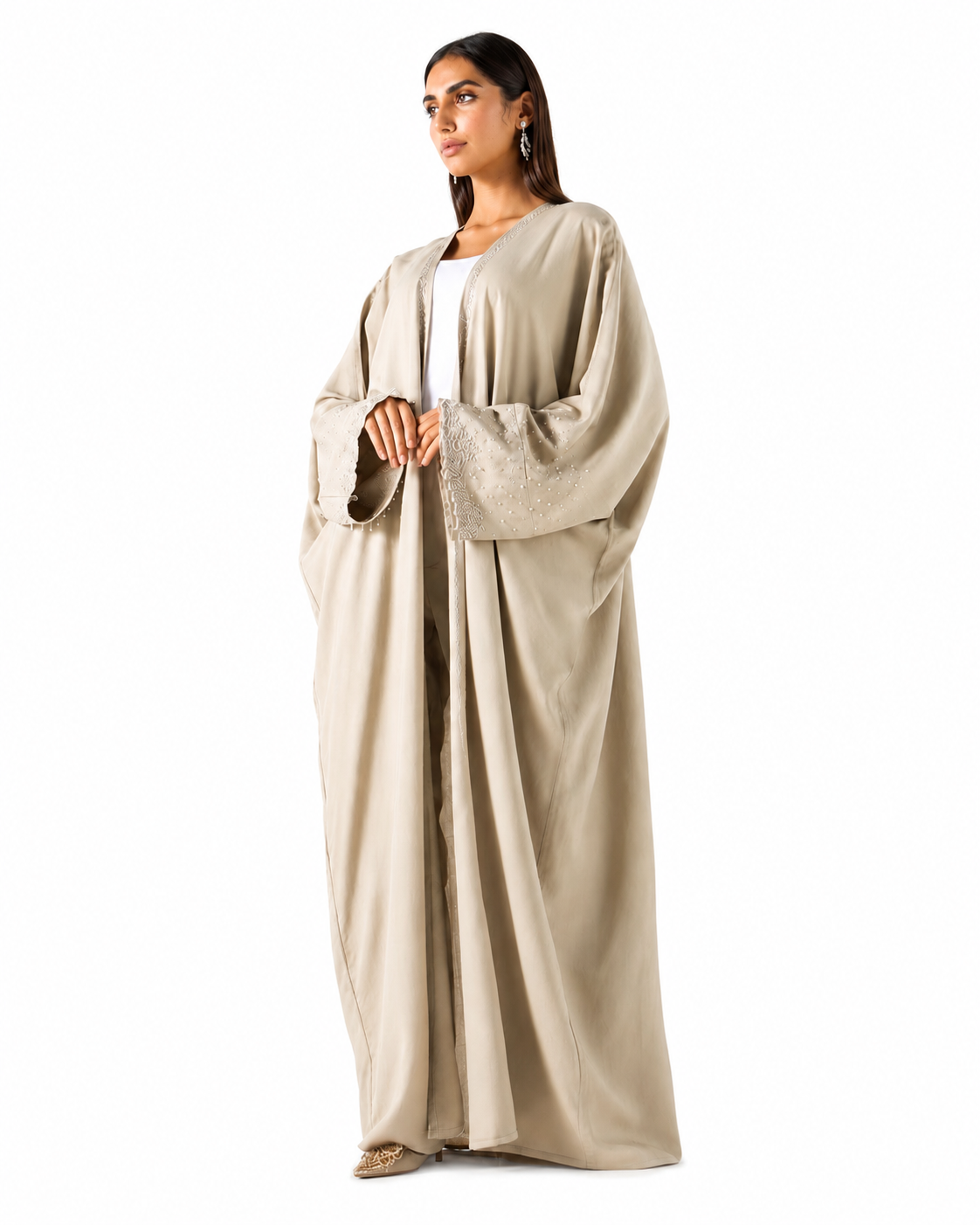 Pearl-Embellished Bisht Abaya – Beige – Front View – Shop Azria