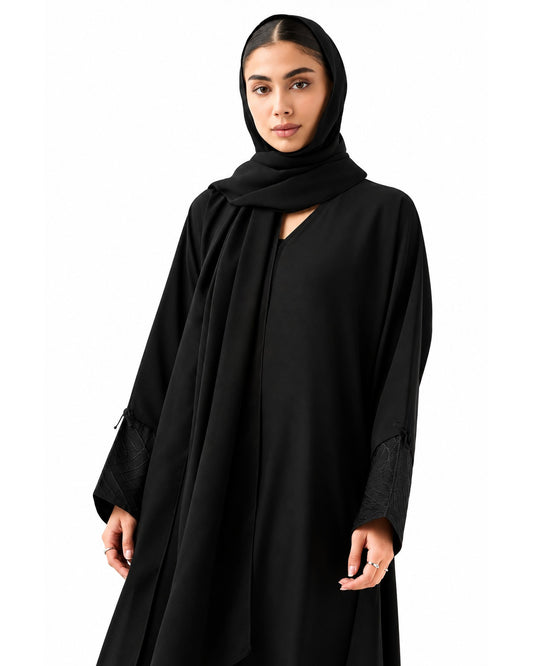 Embroidered Side Panel Abaya with Hijab – Black