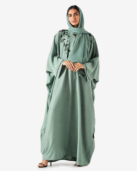 Sage Green Embroidered Bisht Abaya – front view – AZRIA KSA
