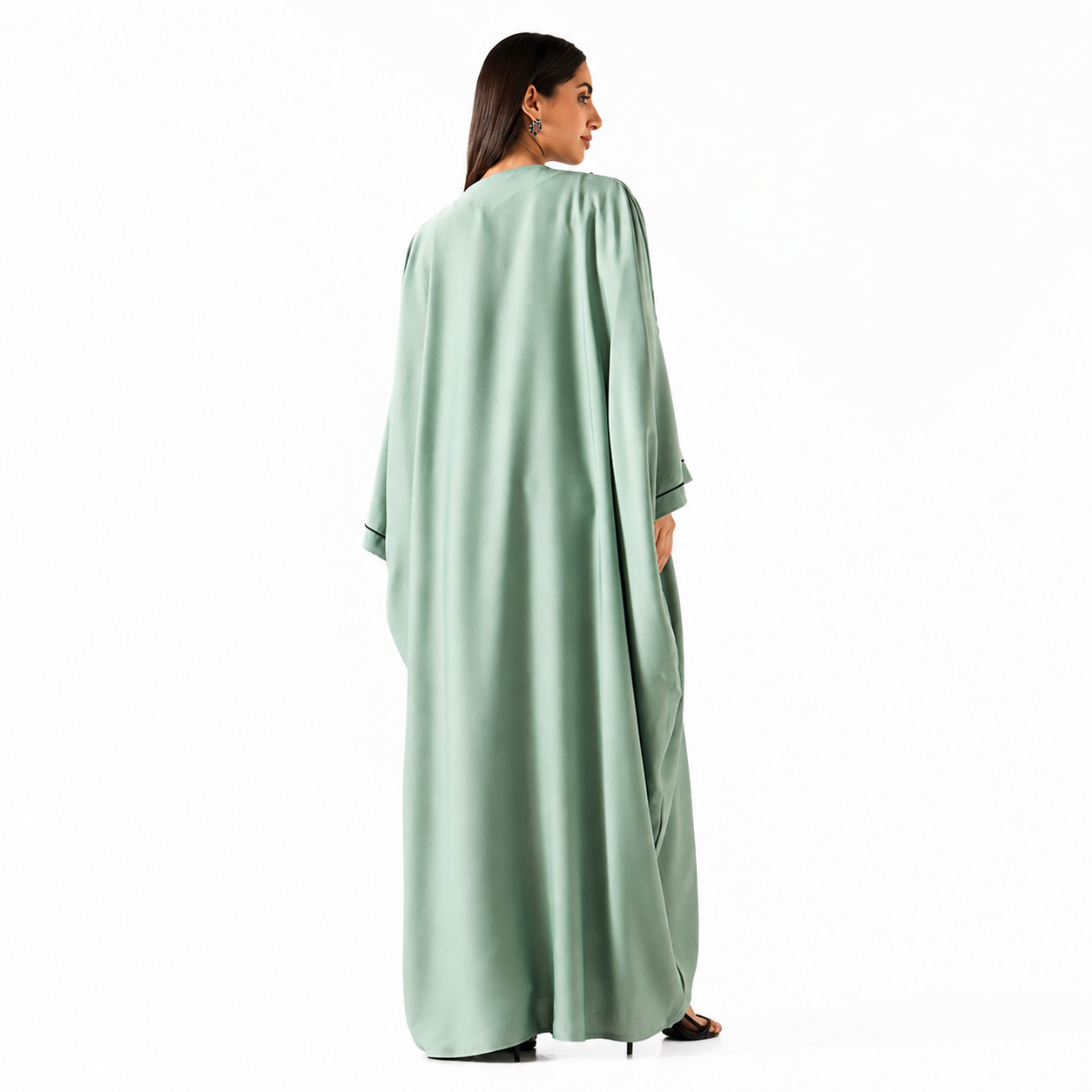 Back view of sage green embroidered bisht abaya