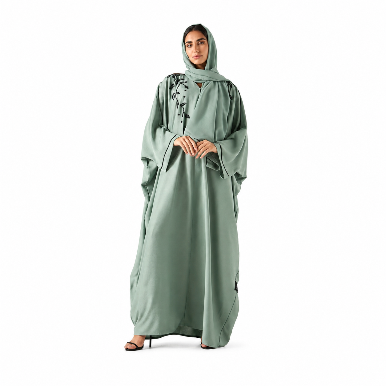 Sage Green Embroidered Bisht Abaya in satin with V-neck — AZRIA FASHIONS
