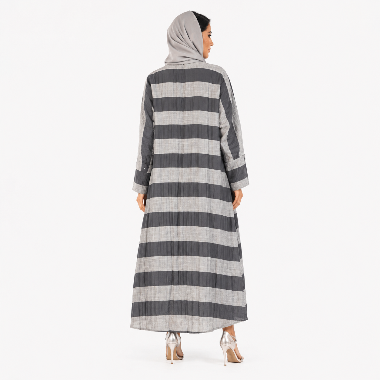 Back side vide view of grey striped relaxed fit maxi abaya