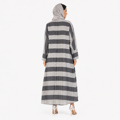 Back side vide view of grey striped relaxed fit maxi abaya