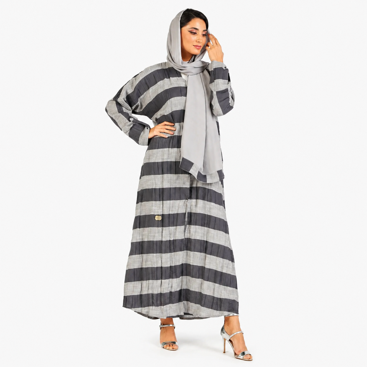 Striped Grey Abaya with horizontal stripes and relaxed fit — AZRIA FASHIONS