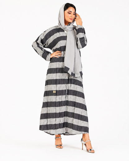 Striped Grey Abaya – Front View – Shop Azria