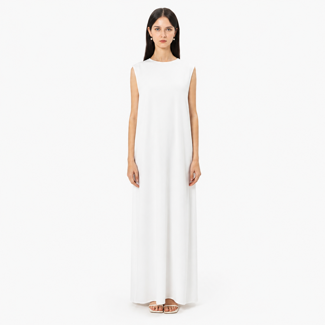White sleeveless inner dress for abaya layering — AZRIA FASHIONS